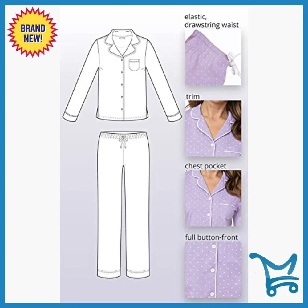 Large 100% Cotton Long Sleeve Pajama Set Relaxed Fit Pants